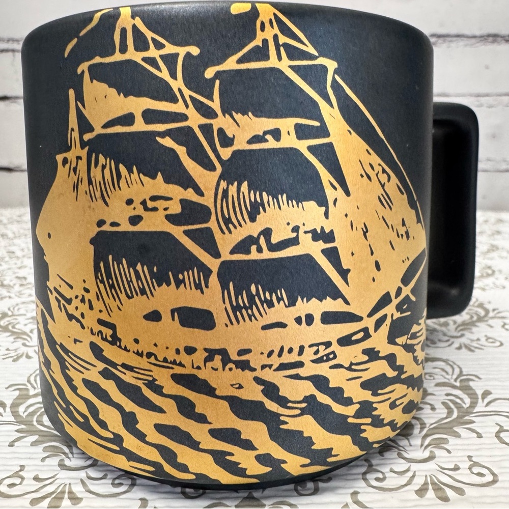 Starbucks Aged Sumatra Nautical Ship Mug Black Gold 14oz Coffee Cup 2016